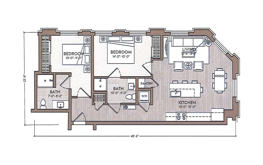 Bill Evans - 2 bedroom floorplan layout with 2 baths and 1005 square feet.