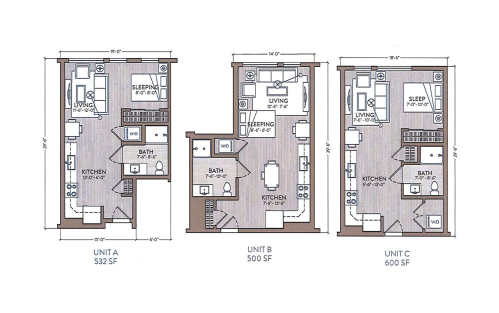 Billie Holiday - Studio floorplan layout with 1 bath and 500 to 600 square feet.