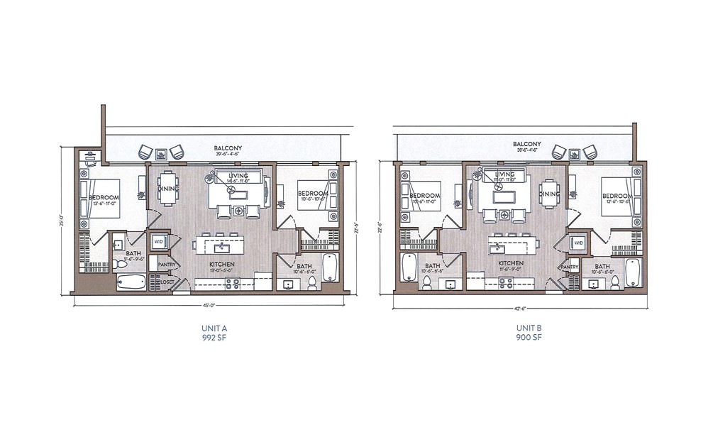 Chet Baker - 2 bedroom floorplan layout with 2 baths and 900 to 992 square feet.