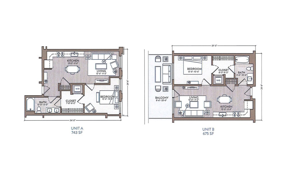 Dizzy Gillespie - 1 bedroom floorplan layout with 1 bath and 675 to 743 square feet.