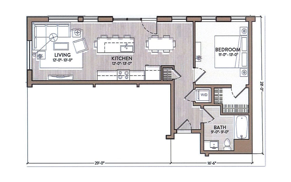 Duke Ellington - 1 bedroom floorplan layout with 1 bath and 785 square feet.