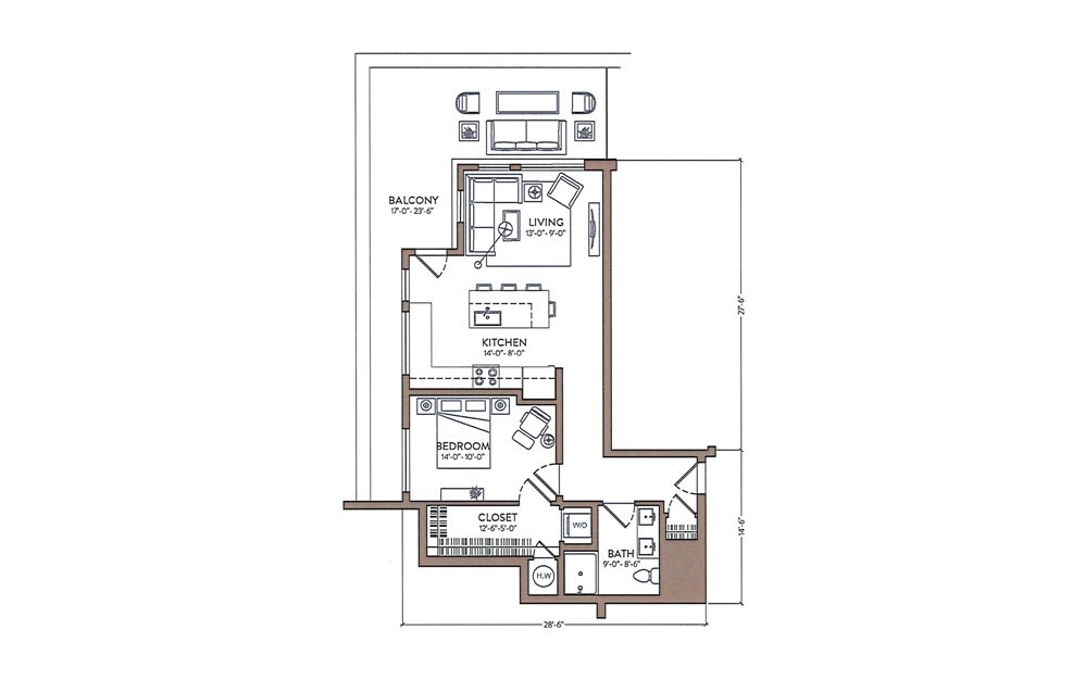 George Shearing - 1 bedroom floorplan layout with 1 bath and 841 square feet.