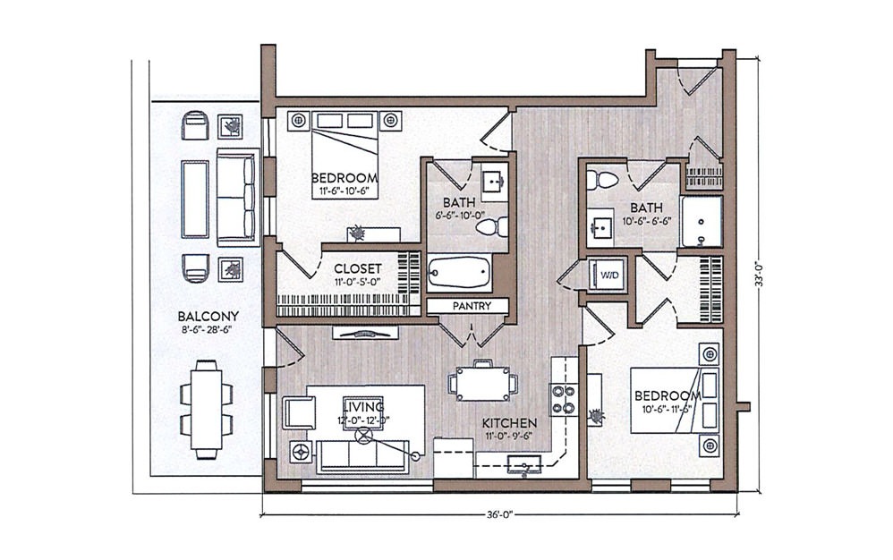 James Brown - 2 bedroom floorplan layout with 2 baths and 1046 square feet.